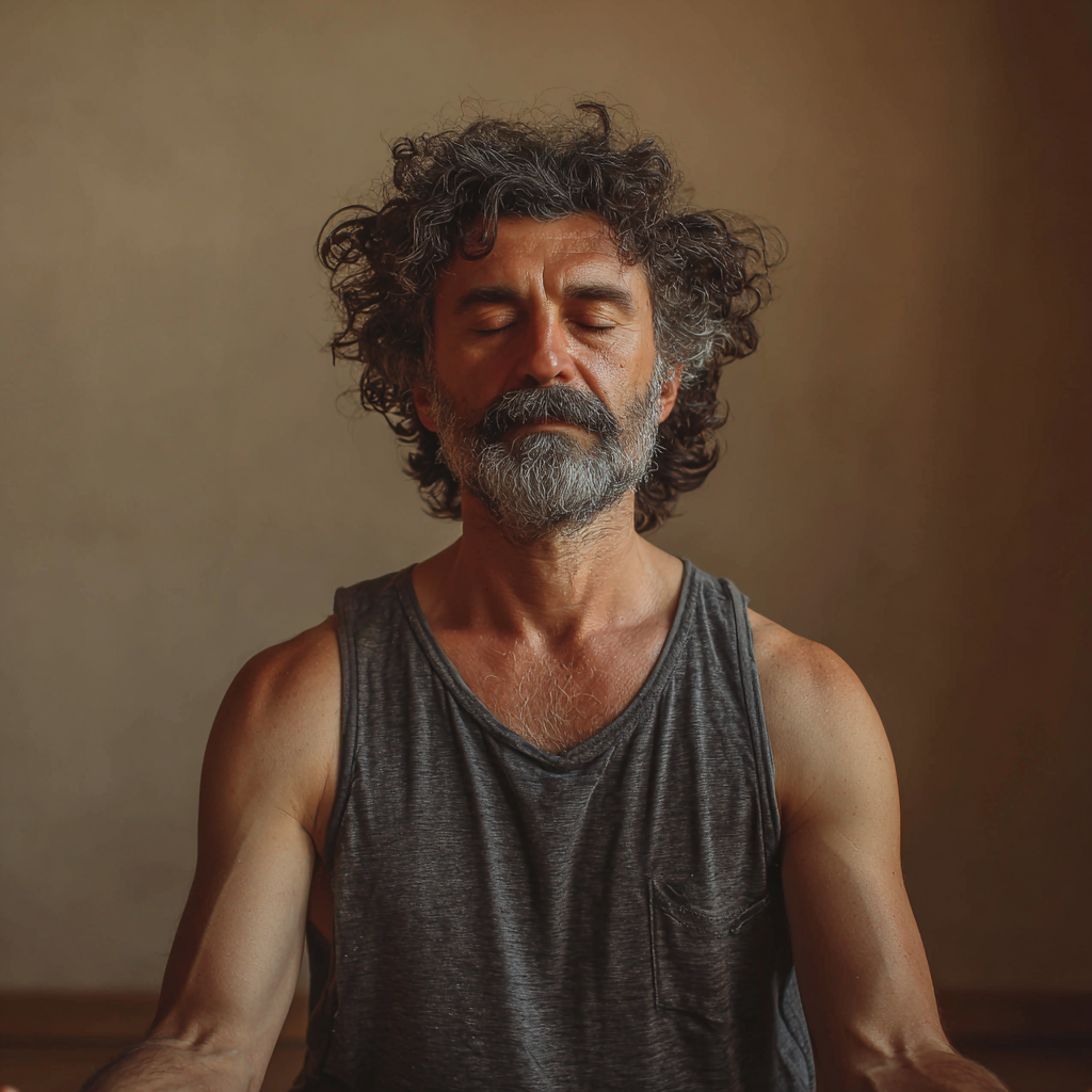 Romanian man in his forties practicing breathing exercises, calm and focused expression, sitting in comfortable meditation pose, warm indoor setting