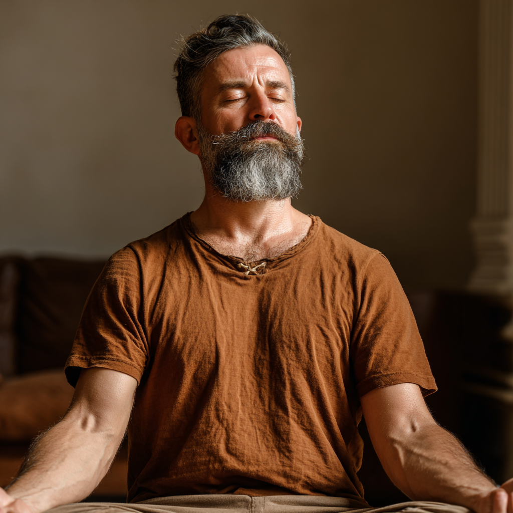 Romanian senior woman in her sixties doing gentle stretching, peaceful and content, bright studio setting, demonstrating improved flexibility and well-being